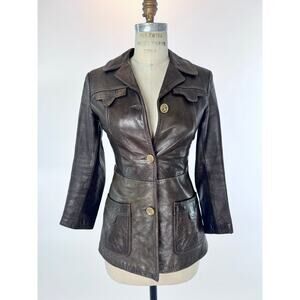 VTG 70s Western Leather Blazer Brown Fitted Jacket Gold Buttons Cowgirl Core S/M